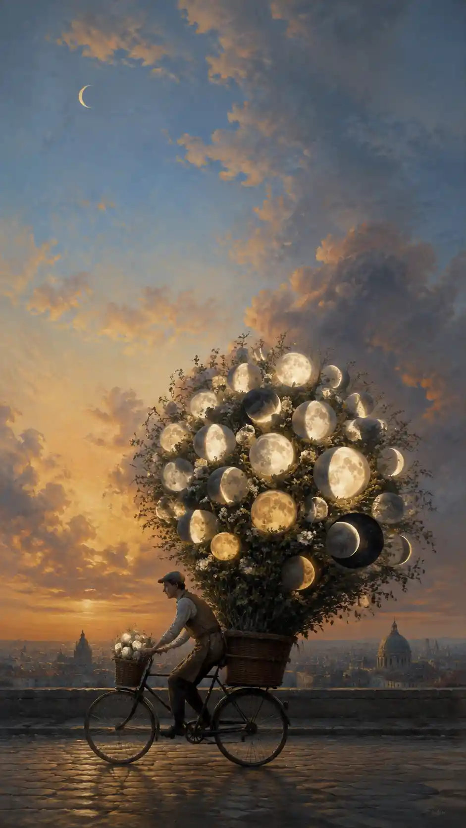 A florist rides a bicycle laden with bouquets of tiny moons