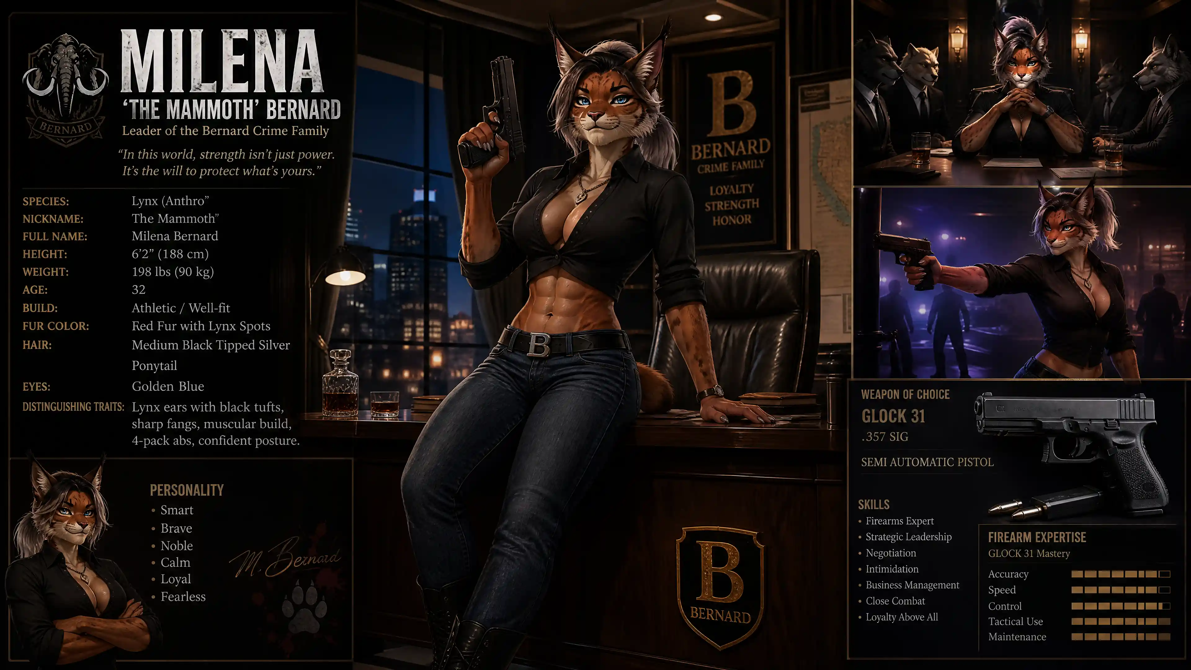 Un lynx anthropomorphe au pelage roux, aux cheveux argentés, en jean et en bottes