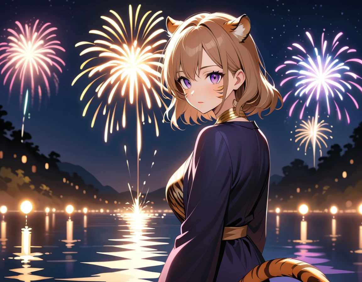 Uma mulher-tigre observa os fogos de artifício de Ano Novo junto a um lago escuro à noite