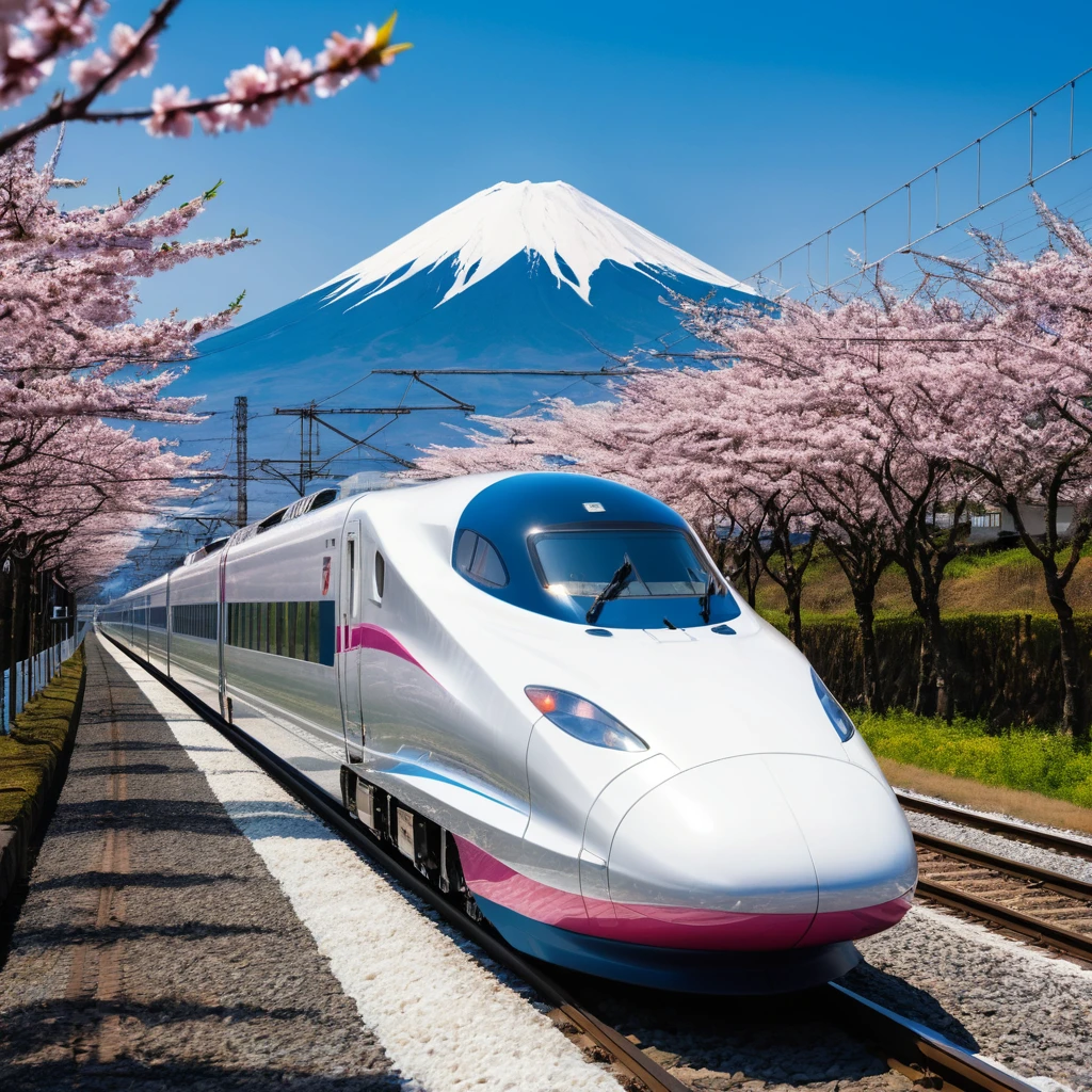 Ein Shinkansen rast durch Japans Landschaft am Fuße des Fuji