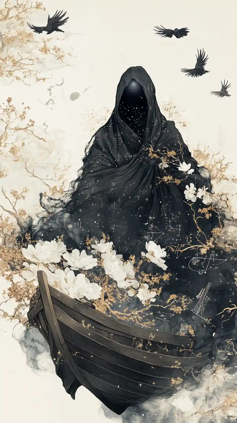 A Hooded Psychopomp Emerges From Sweeping Ink Strokes on Ivory Paper