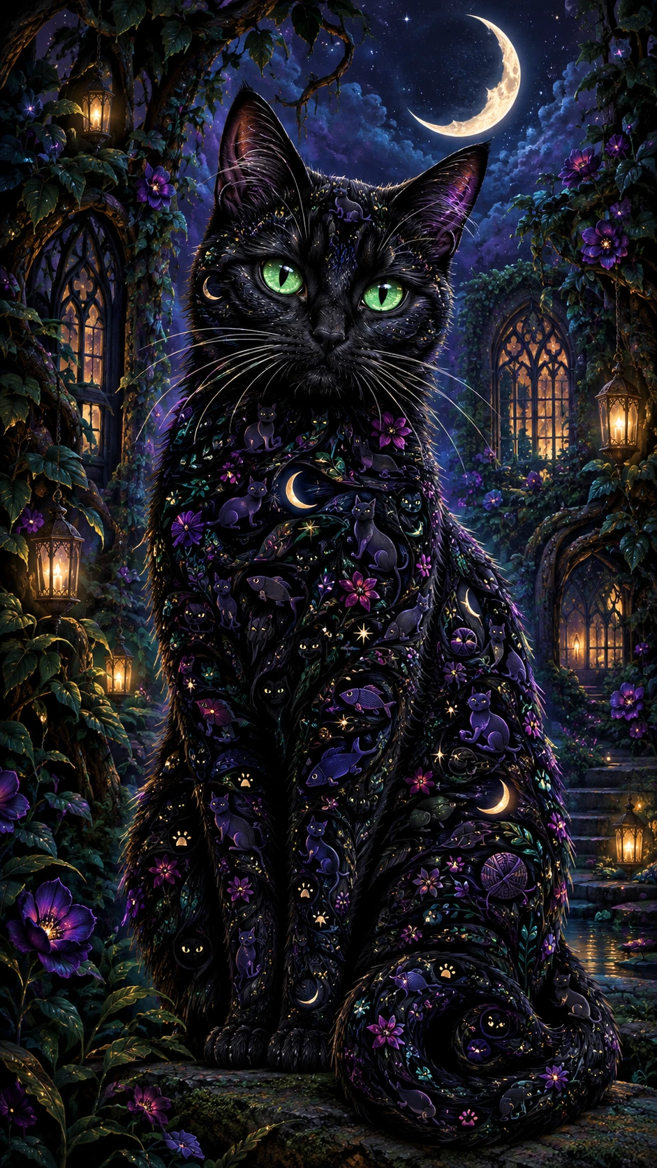 Eine schwarze Katze sitzt unter einer Mondsichel in einem verwunschenen Garten