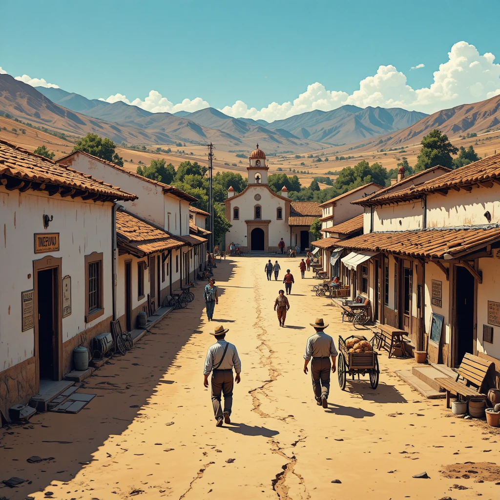 Uma tranquila cidade sul-americana dos anos 1950, junto a uma rua principal poeirenta
