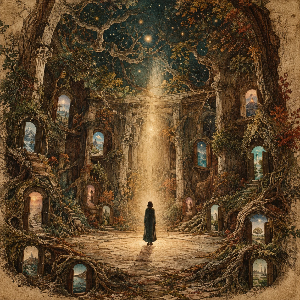 古代の森へと変わりゆく部屋に、ひとり佇む人物