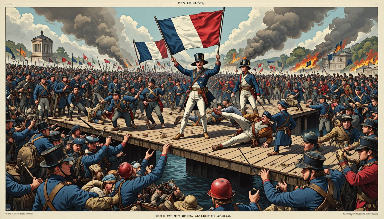 Napoleão ergue a bandeira tricolor francesa durante a Batalha de Arcole