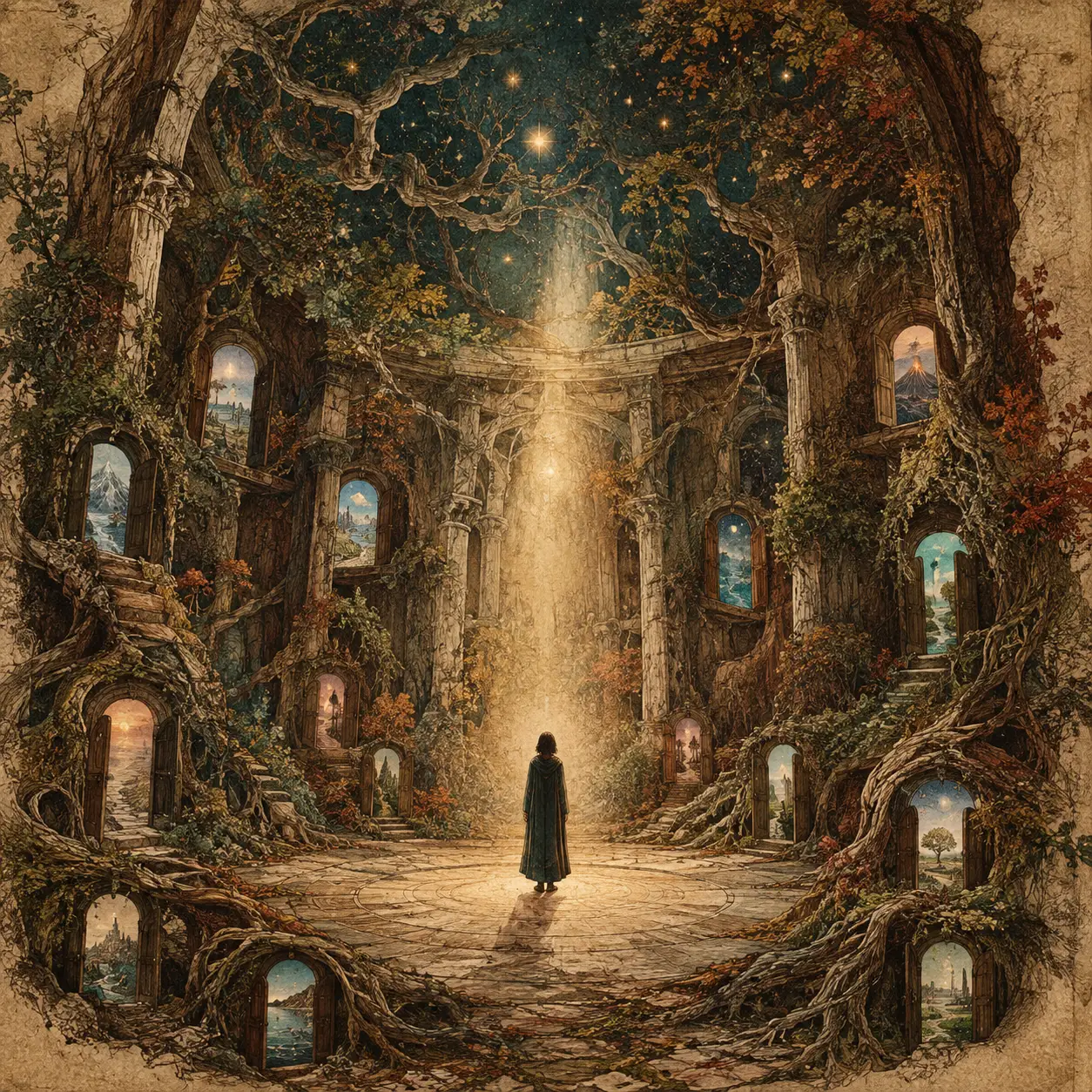 Uma figura solitária está em uma sala que se transforma em uma floresta ancestral