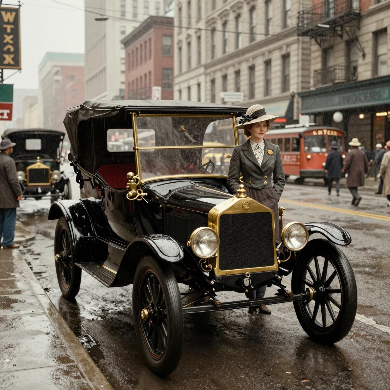 Eine junge Frau steht neben einem Ford Model T auf einer regnerischen Straße in New York