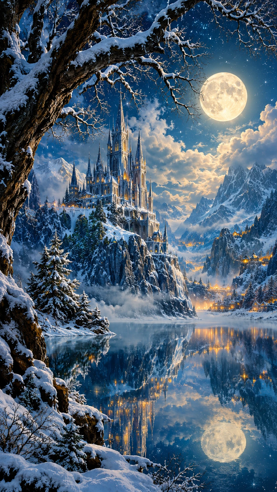 A snowy castle crowns a cliff beneath a luminous full moon