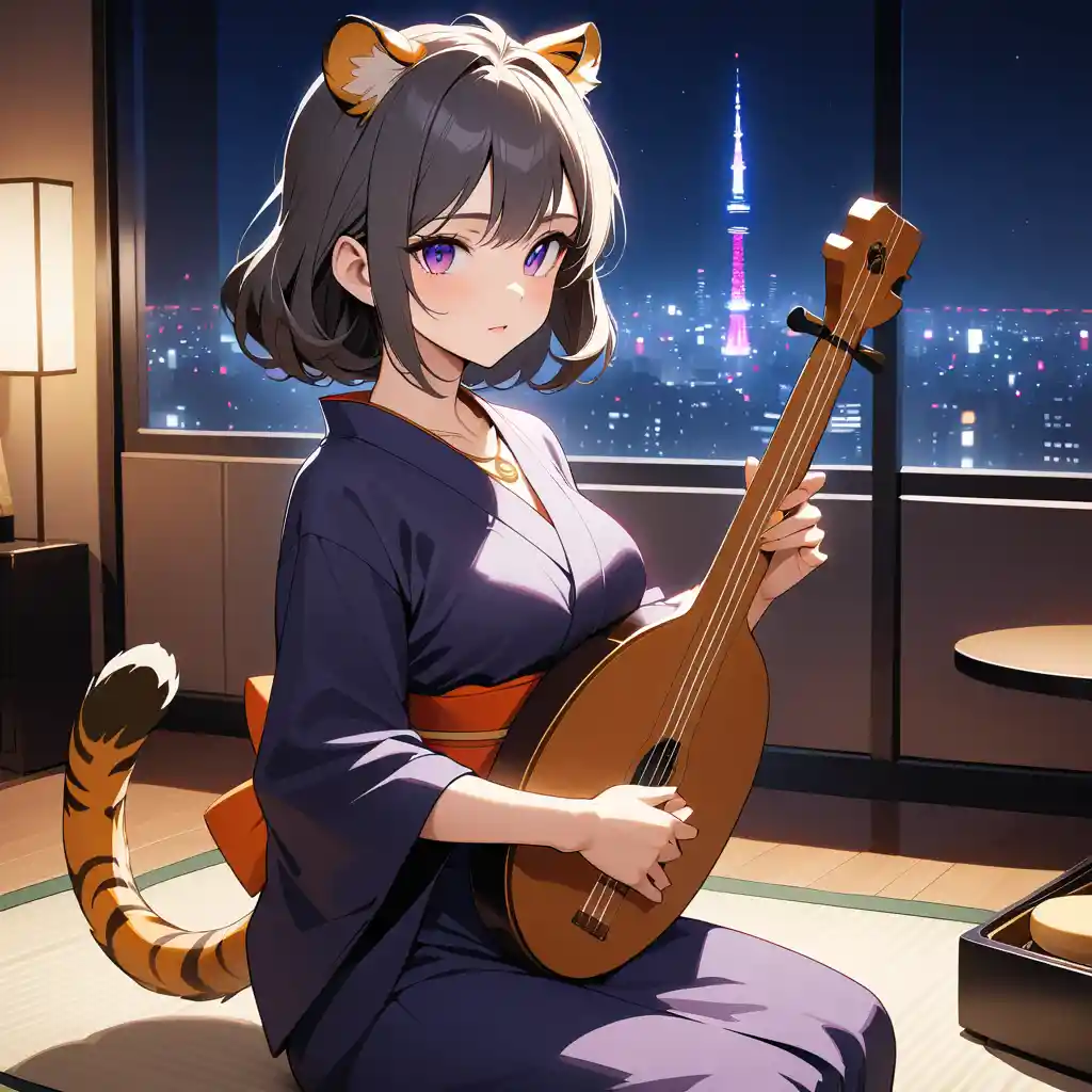 Une femme aux rayures de tigre joue du shamisen devant la skyline nocturne de Tokyo