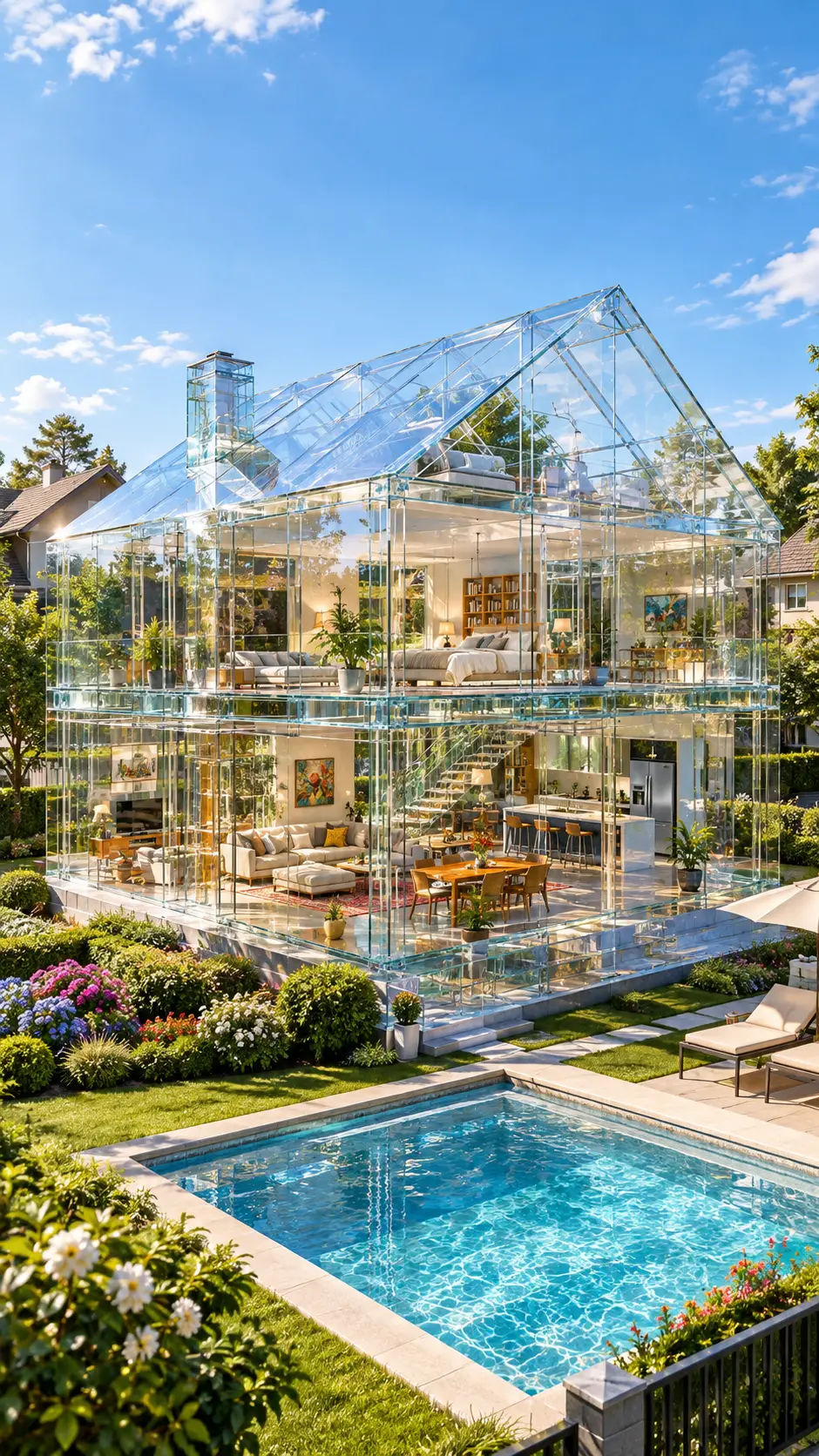 Uma casa de vidro transparente rodeada por um jardim suburbano bem cuidado