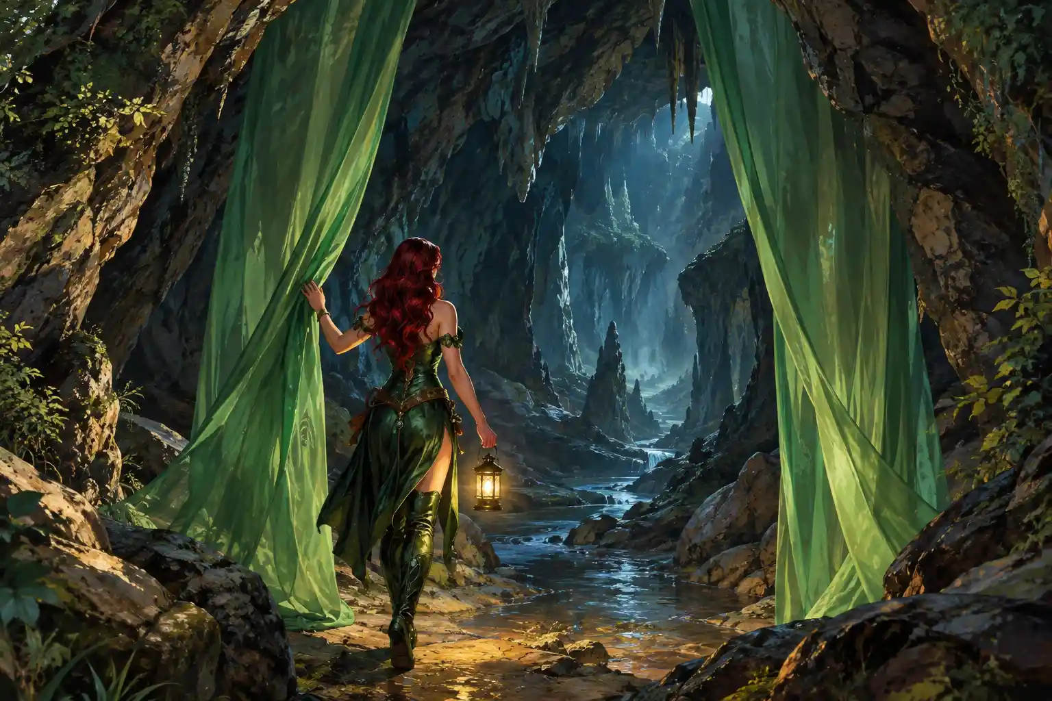 Uma mulher ruiva entra numa caverna iluminada por lanternas através de cortinas verdes