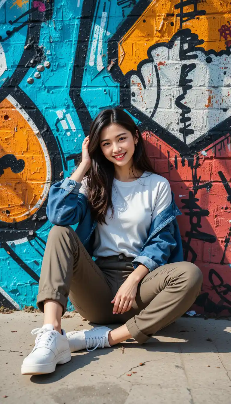 Uma jovem sentada de frente para a câmera diante de um muro grafitado