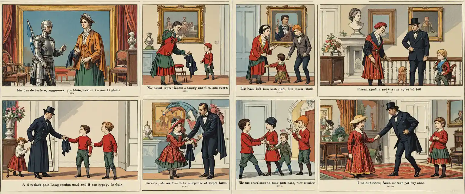 Zwei Personen in historischer Kleidung stehen unter einem Kronleuchter vor dem Porträt eines Ritters