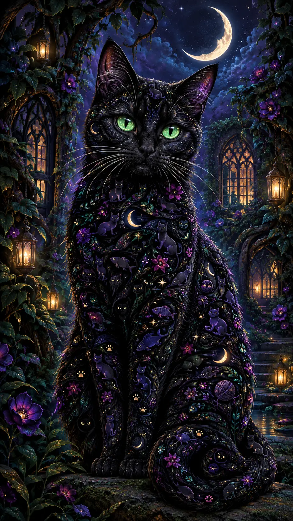 Un gatto nero siede sotto una luna crescente in un giardino incantato