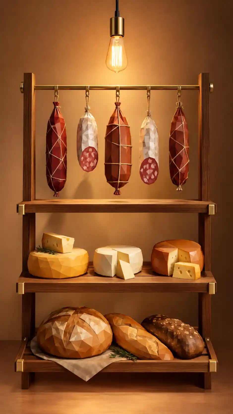 Uma prateleira de madeira de três níveis exibe produtos de delicatessen geométricos e pão fresco