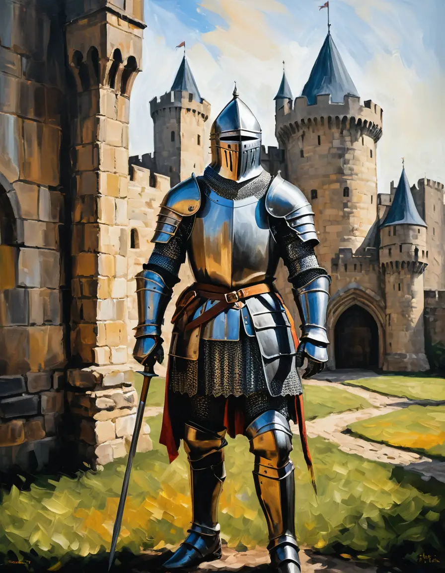 A medieval knight stands before a castle in traditional oil painting
