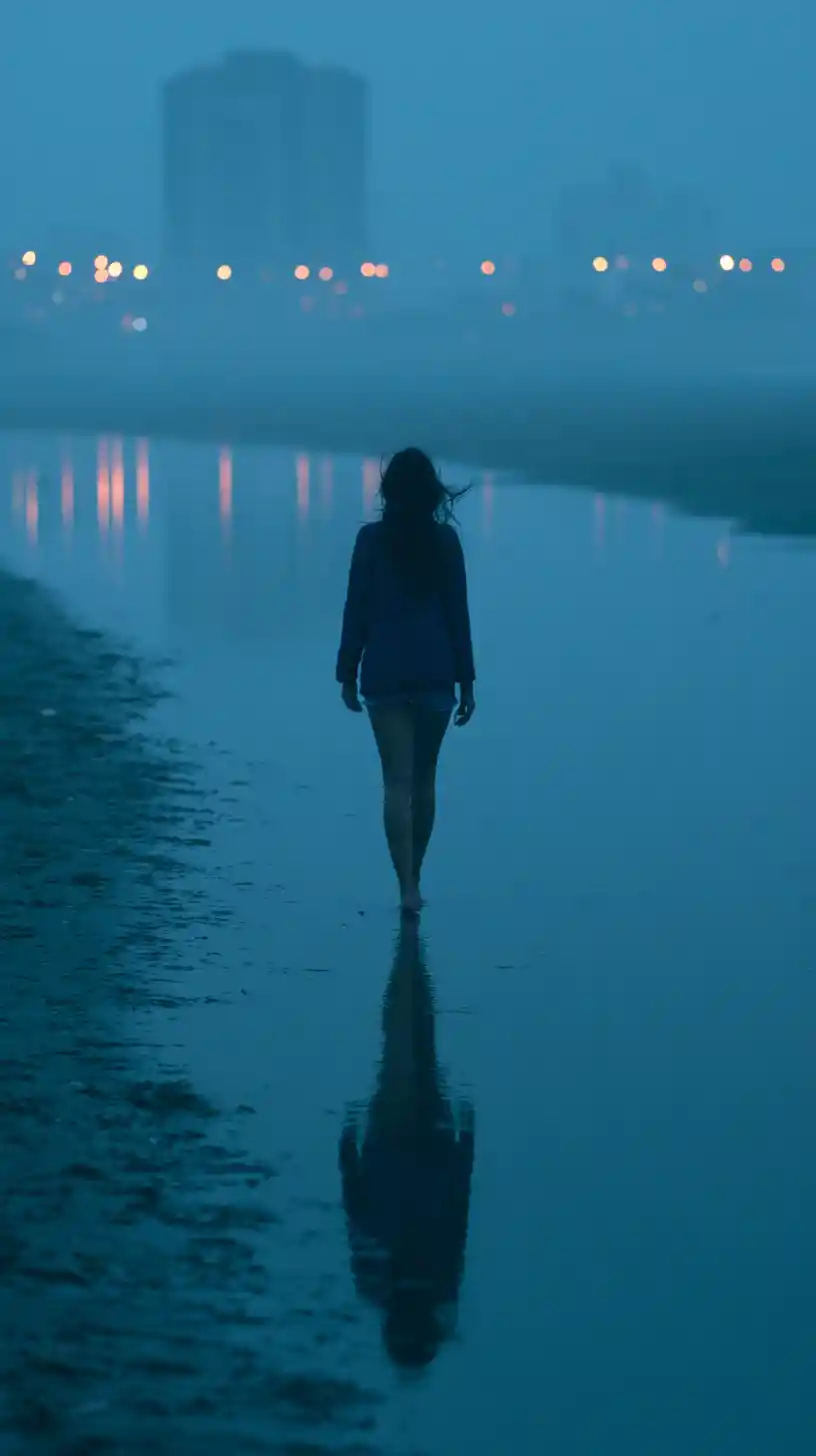 A Woman Walks Along A Beach As Winter Dusk Settles In