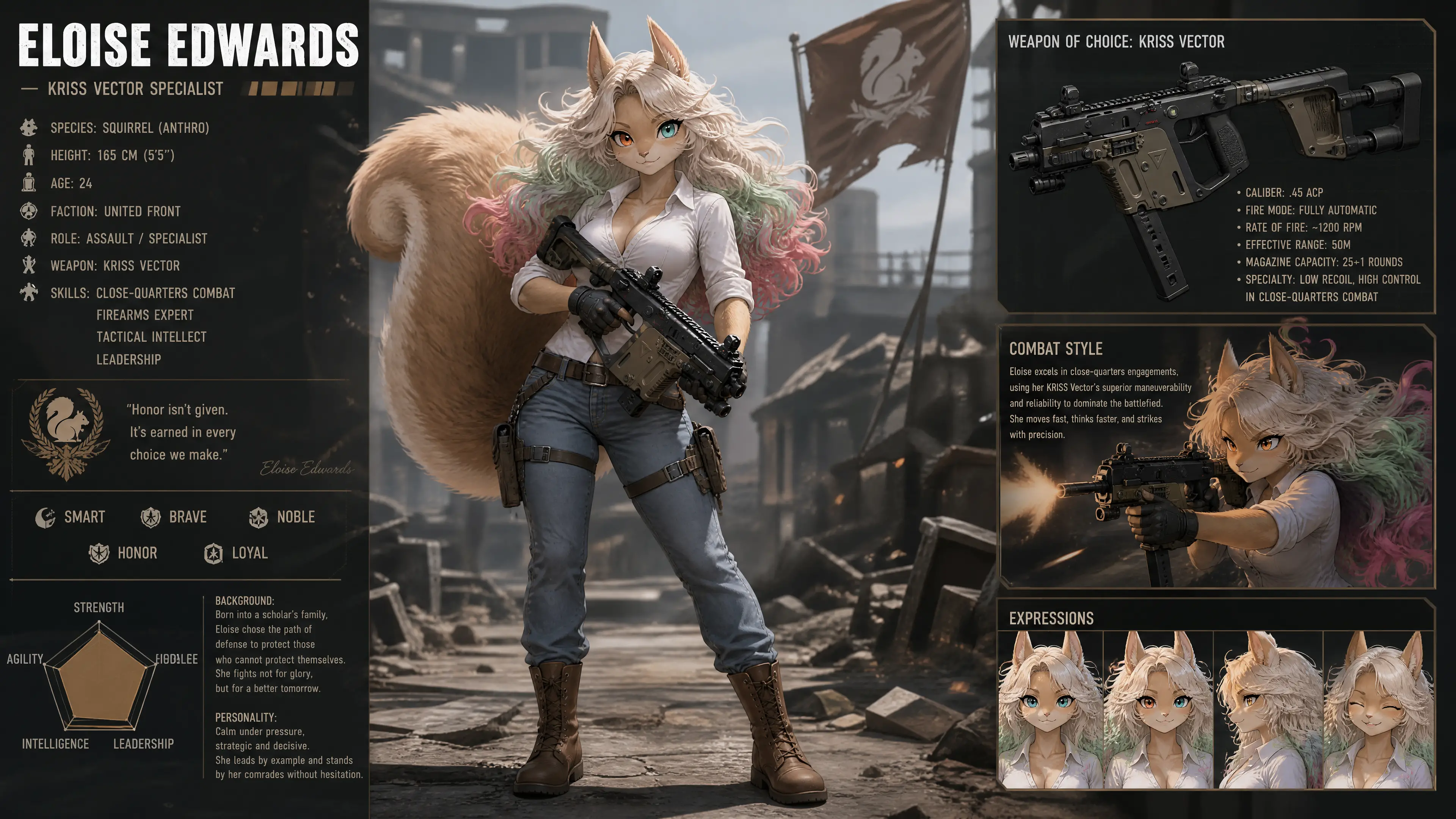 An anthropomorphic squirrel woman with long curly hair