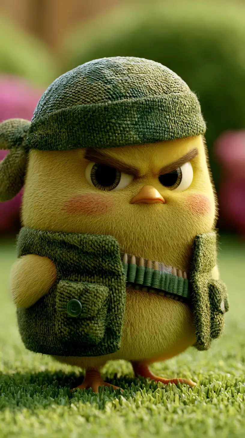 A tiny yellow chick in a military style outfit stands on a plush lawn