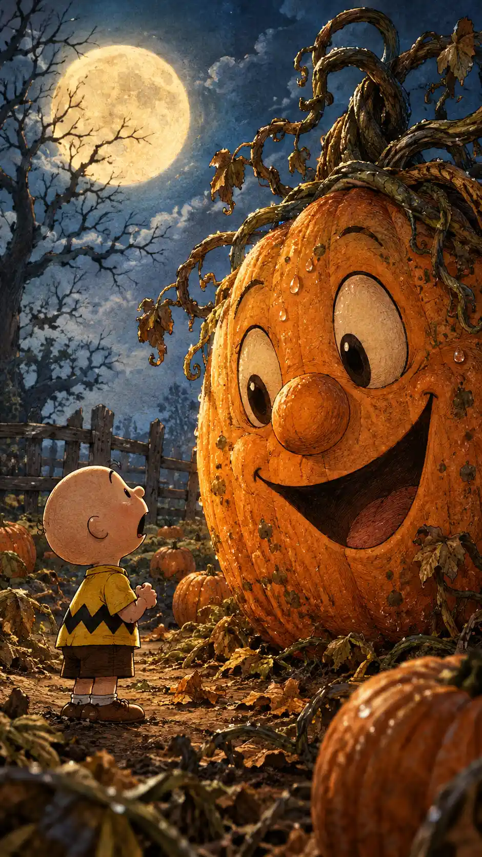 Um menino encara uma enorme abóbora sorridente num campo iluminado pela lua