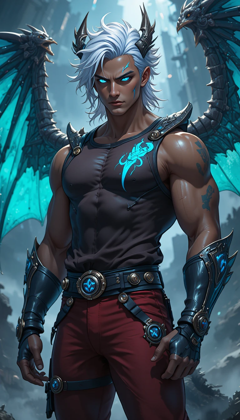 A young man with dragon horns, white hair, and turquoise wings