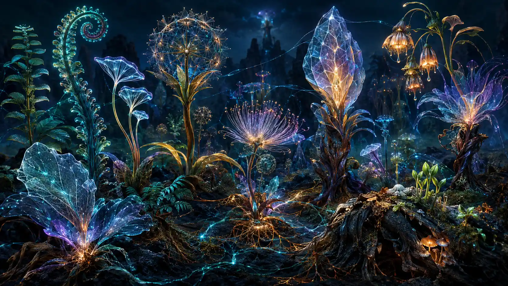 Impossible botanical specimens grow across a dark, luminous landscape