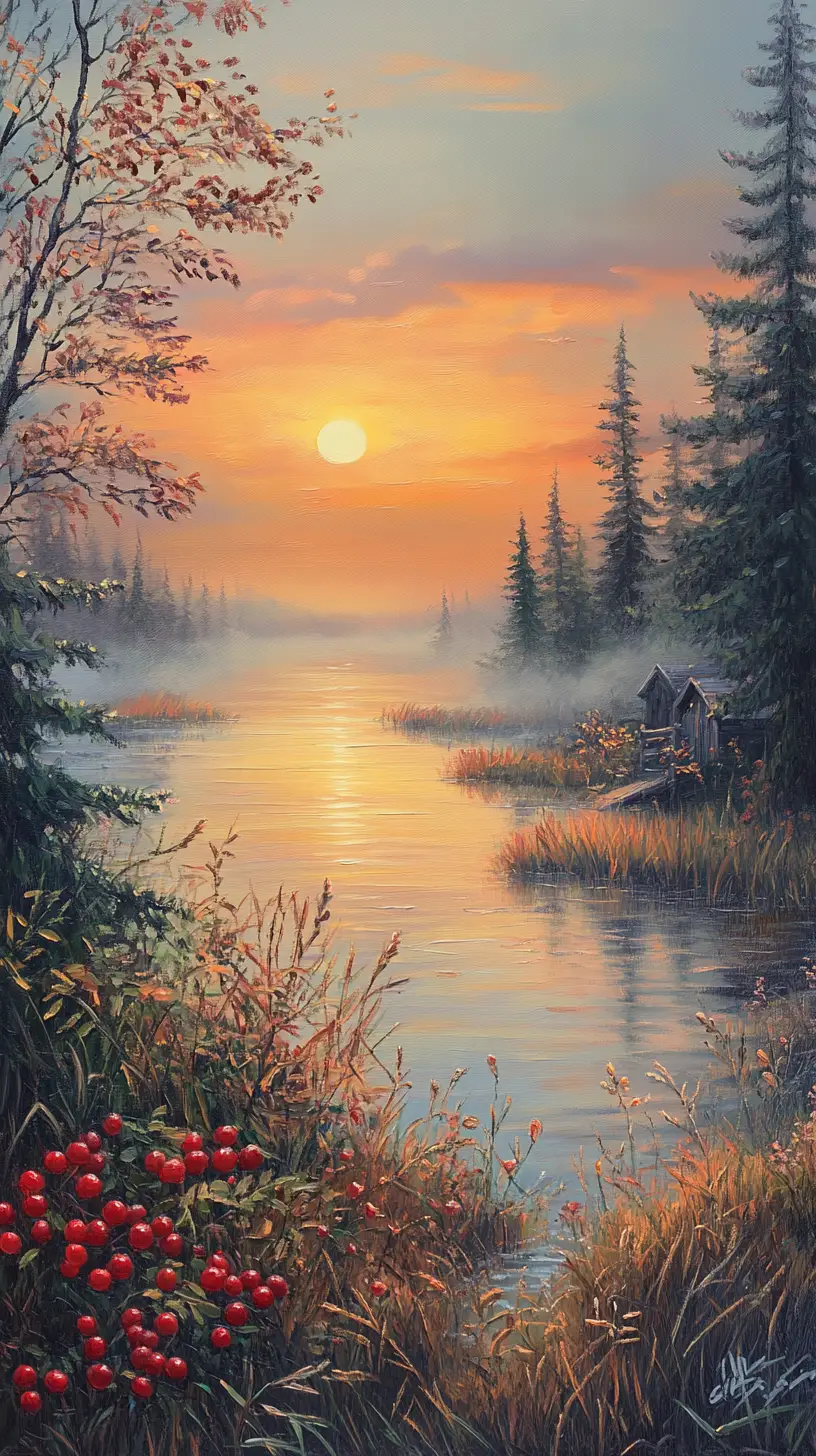 A reflective river winds through misty autumn marshes at sunrise