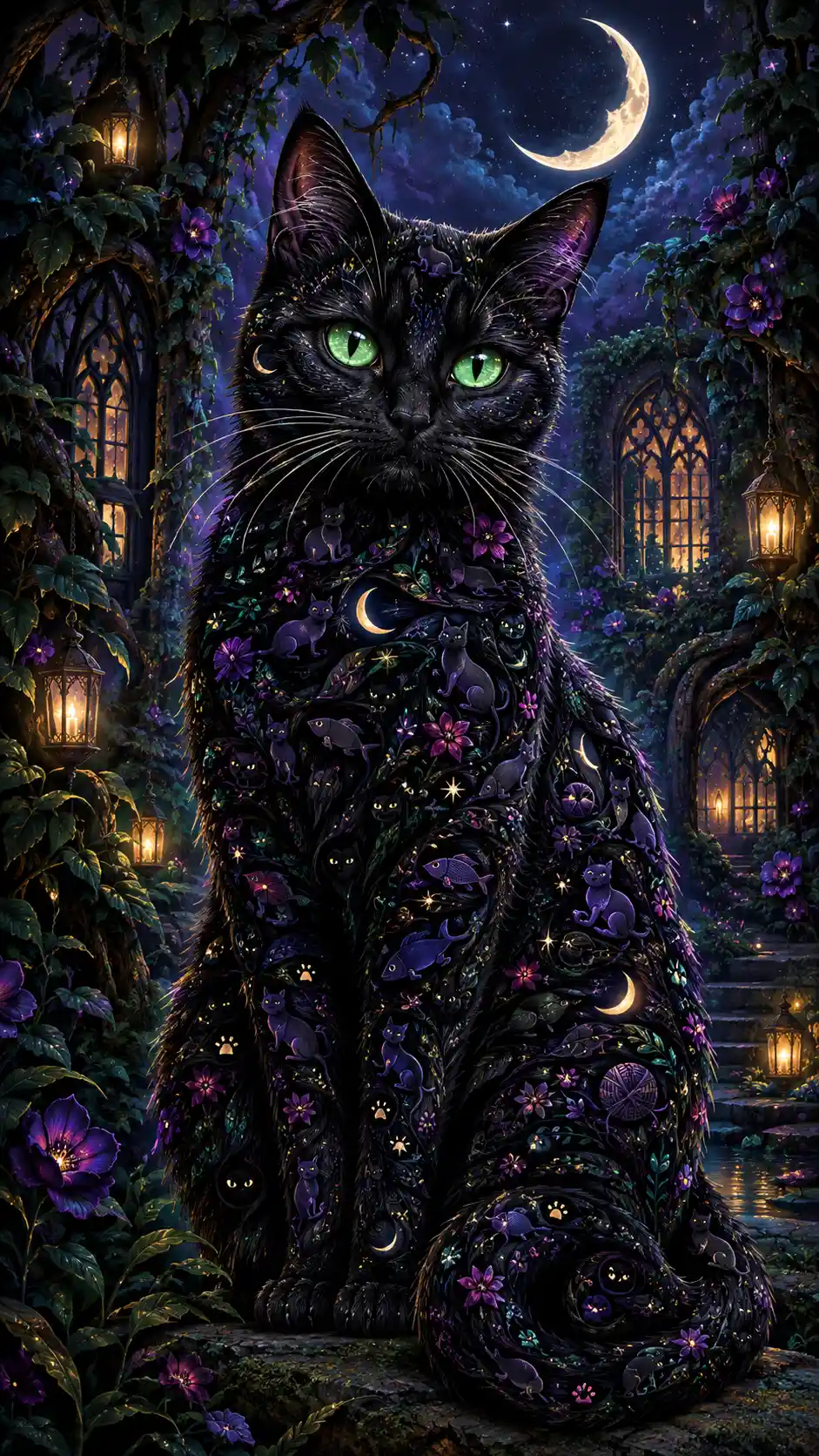 Eine schwarze Katze sitzt unter einer Mondsichel in einem verwunschenen Garten
