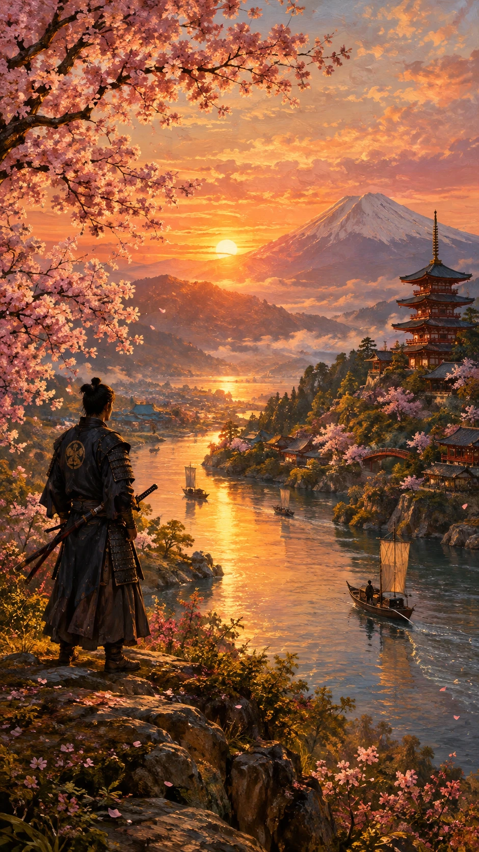 Uma paisagem primaveril japonesa brilha sob um nascer do sol carmesim