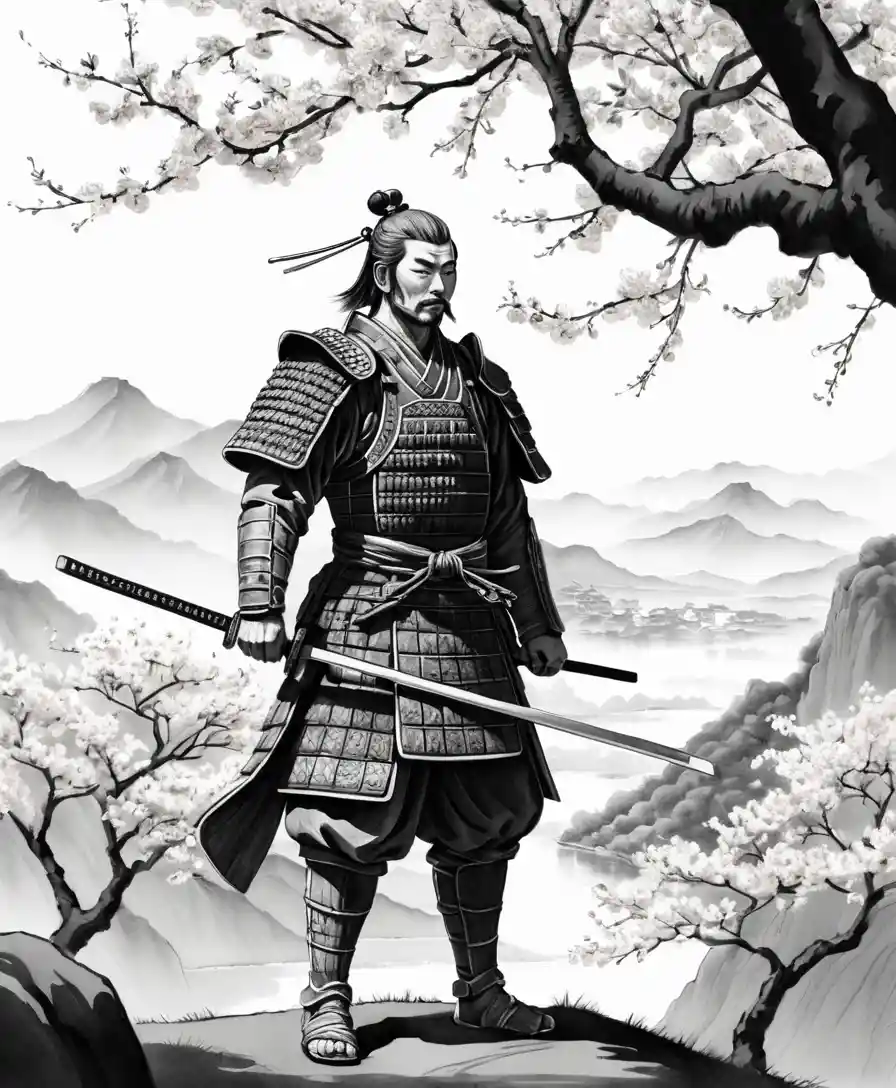 Um samurai está sob ramos de cerejeira em flor numa paisagem montanhosa
