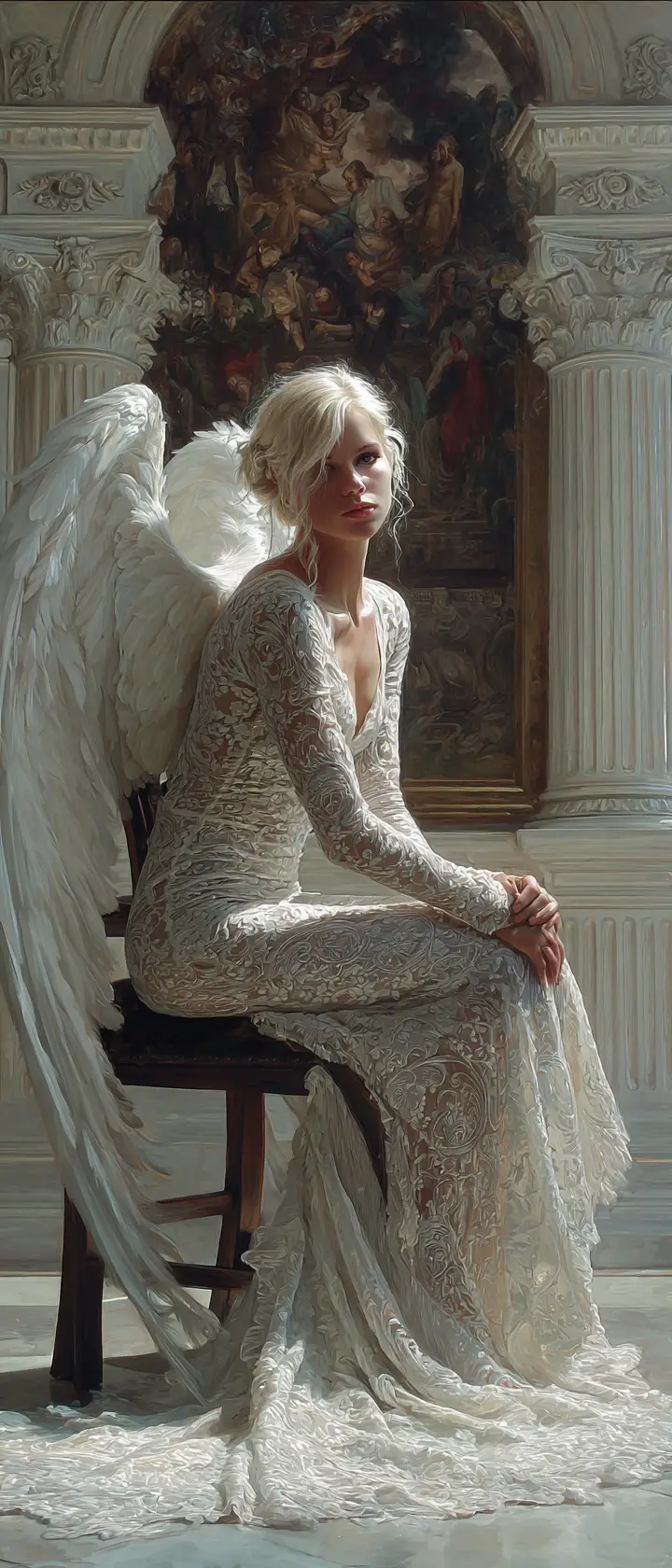 A platinum blonde angel sits in a lace wedding dress with white wings