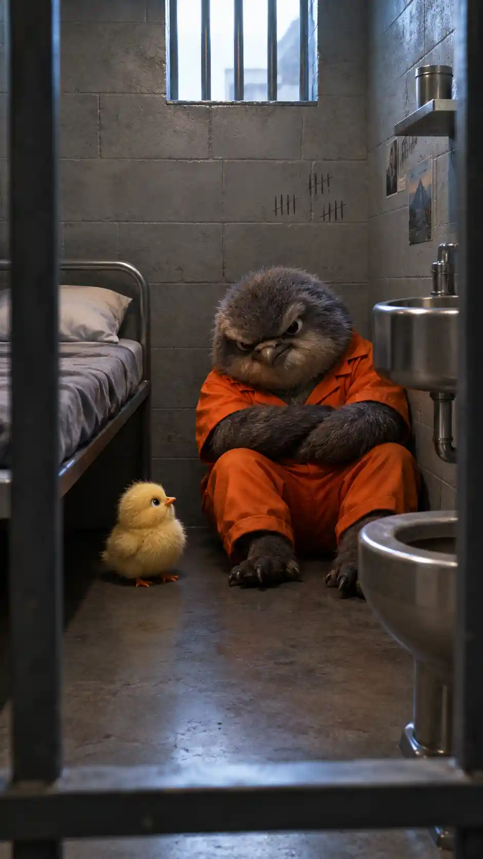 A tiny chick shares a prison cell with a menacing inmate