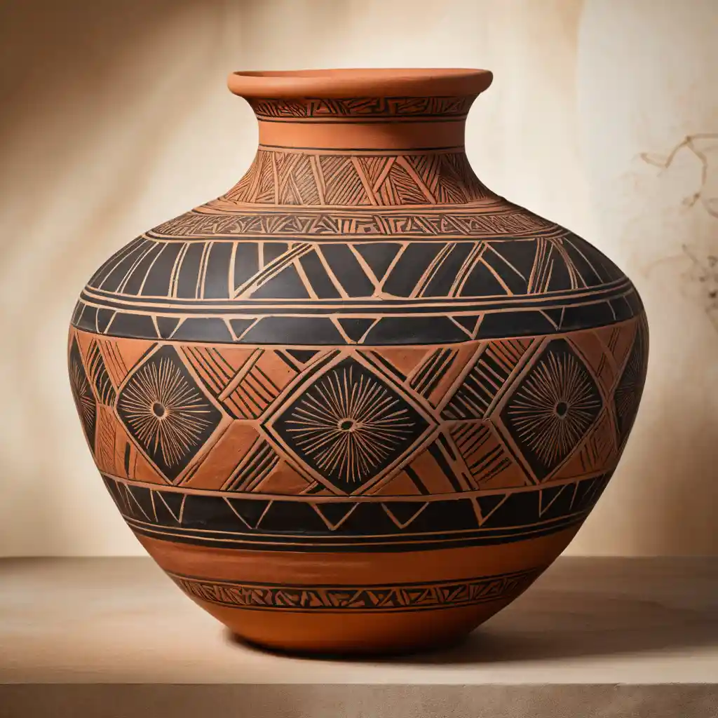 A detailed terracotta vessel with ancient geometric pottery patterns