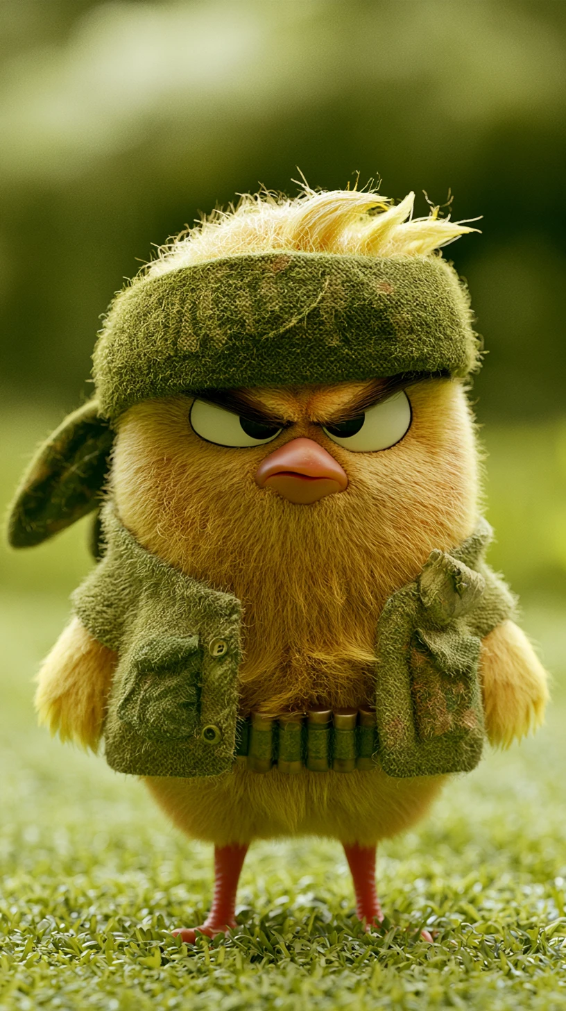 A tiny yellow chick in a military-inspired outfit stands on a lawn