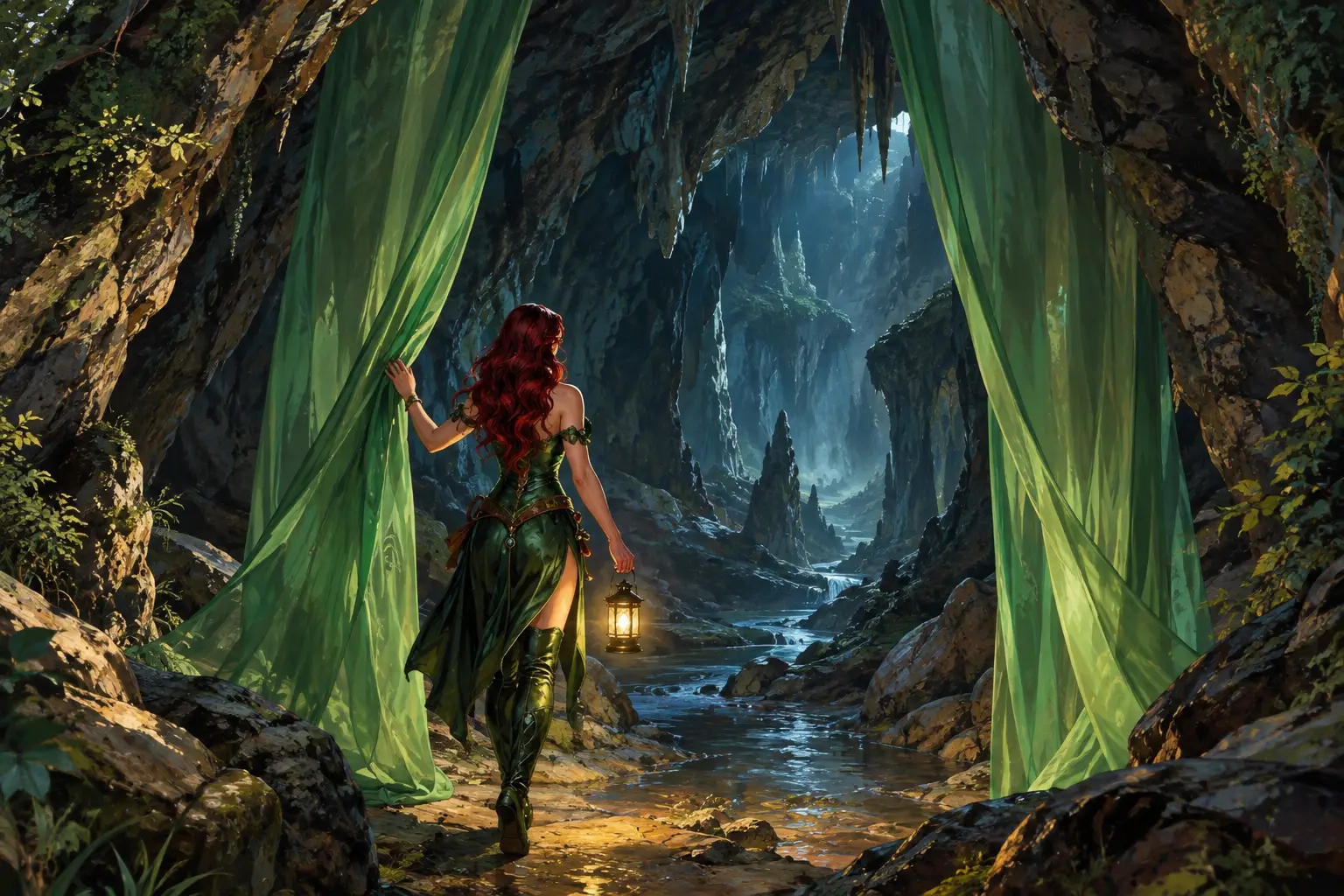 Eine rothaarige Frau betritt durch grüne Vorhänge eine von Laternen erhellte Höhle