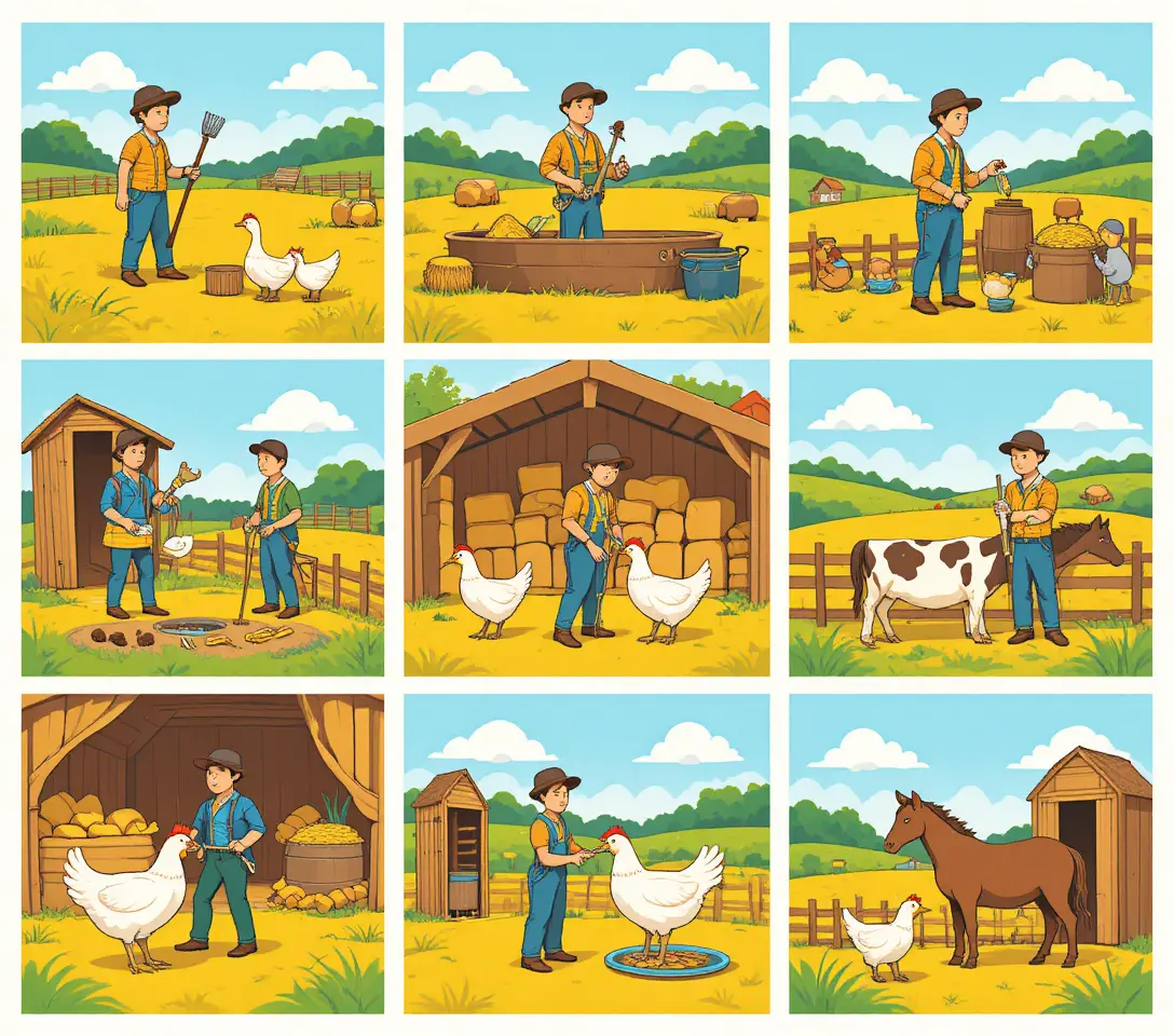 A boy stands with a goose and three ducklings in a grassy field