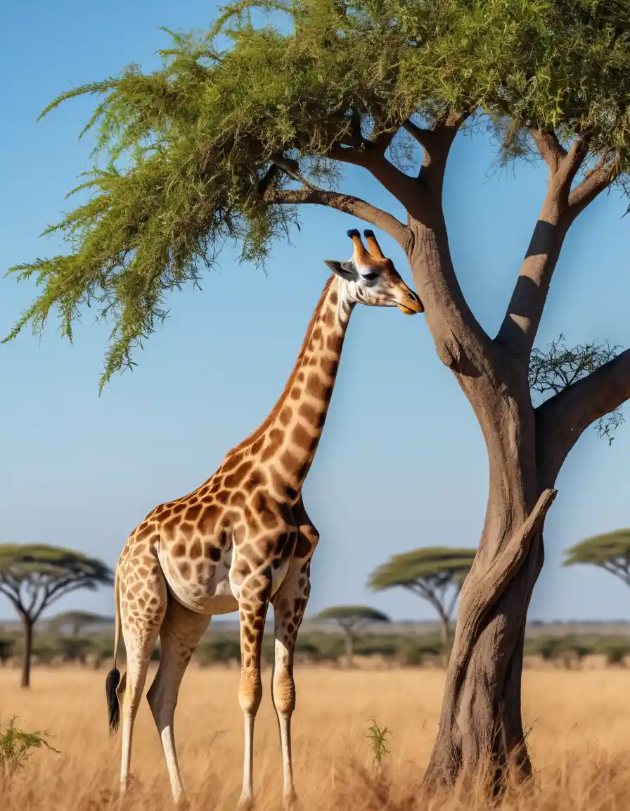 Uma girafa alcança folhas de acácia numa savana ensolarada