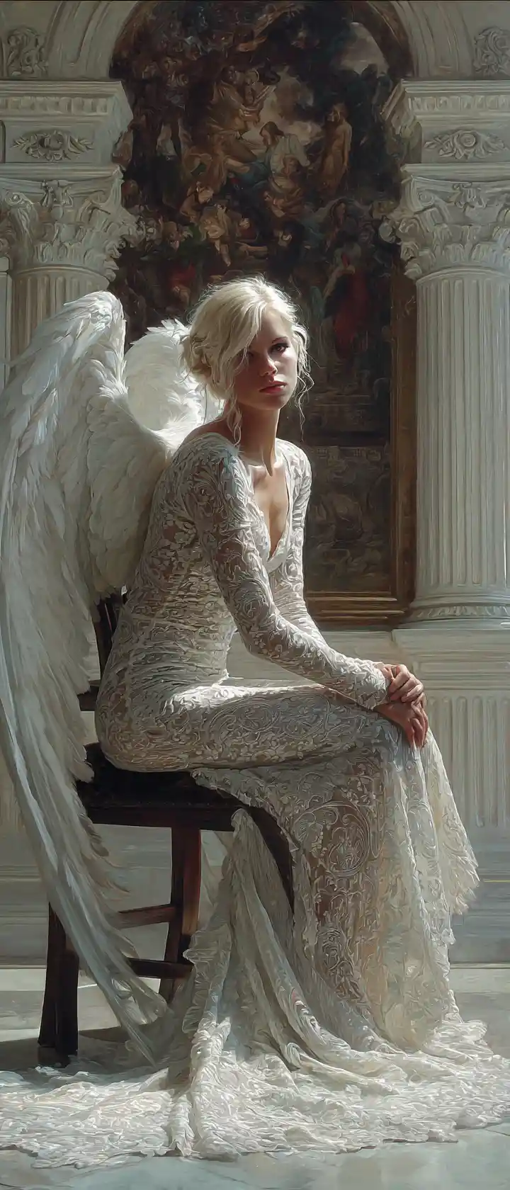 Um anjo de cabelo loiro platinado senta-se com asas brancas, vestido com um vestido de noiva de renda