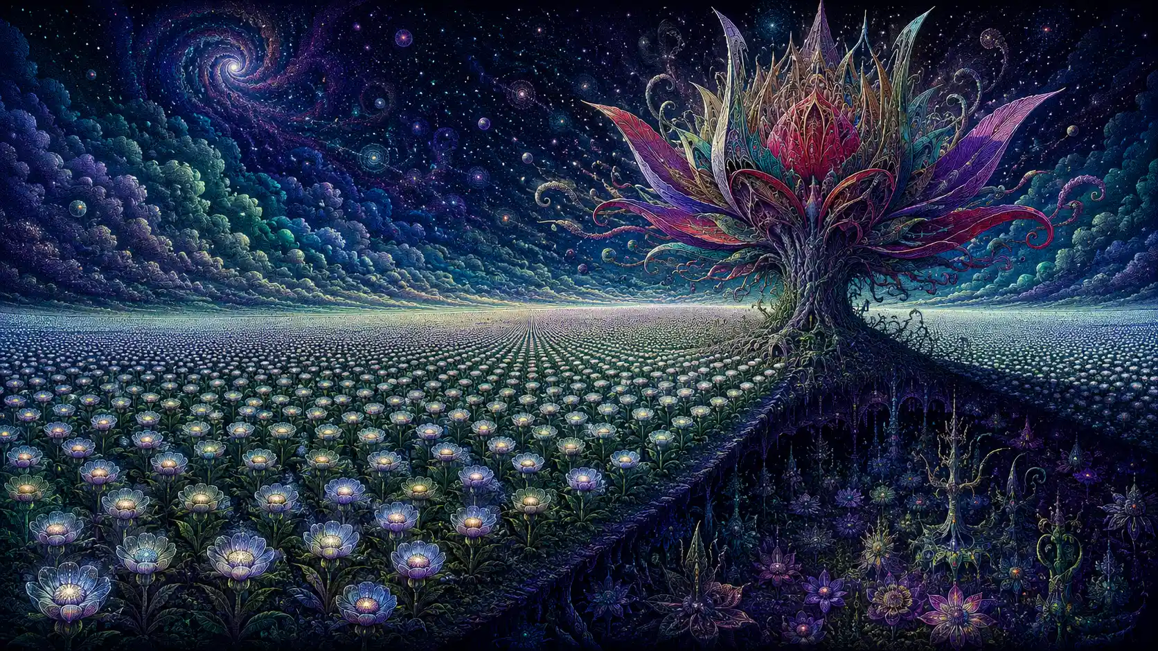 Ein surrealer Garten aus leuchtenden Blumen und einer unmöglichen Blüte