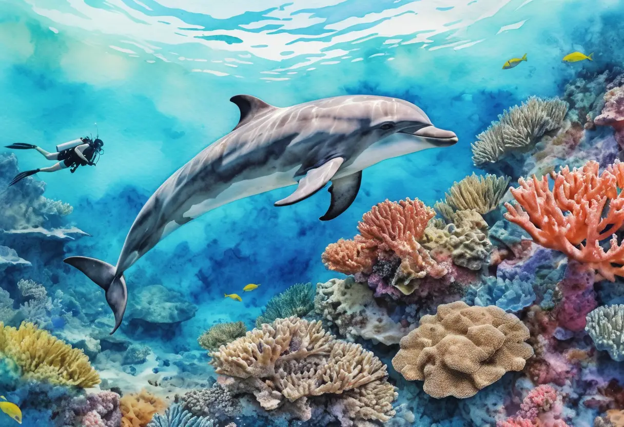 Un delfino e un sub nuotano lungo una barriera corallina sott'acqua