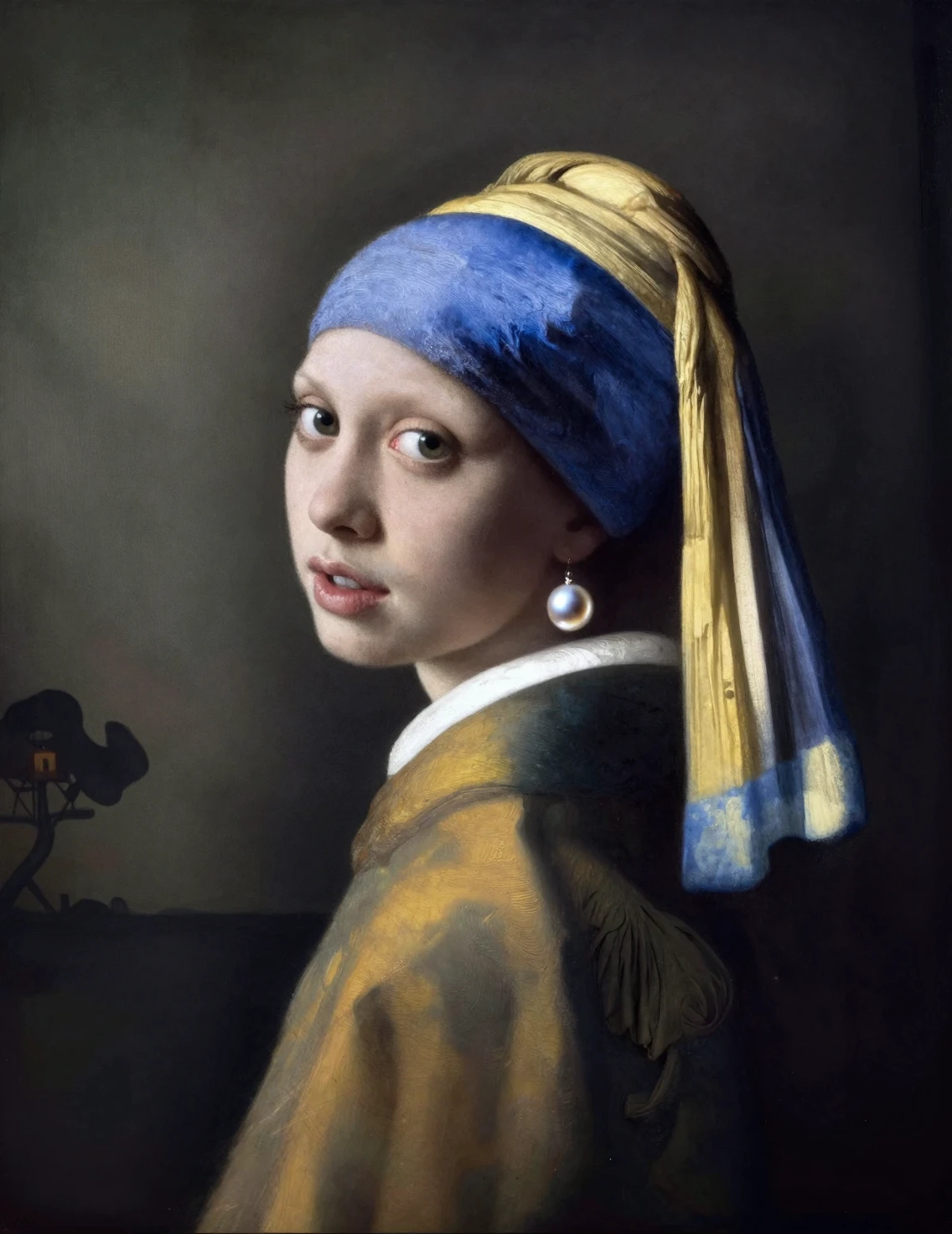 Una joven con un pendiente de perla en un paisaje onírico surrealista