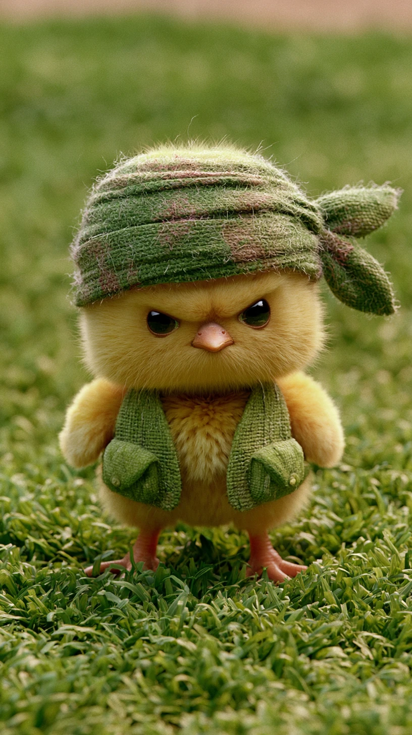 A Tiny Yellow Chick in an Action Hero Costume Stands on a Lawn