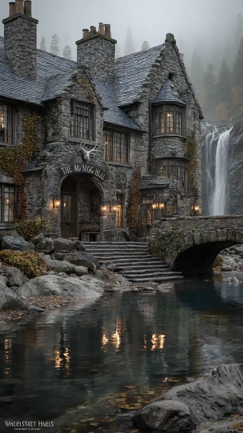 A stone inn crowns an arched bridge above a reflective river