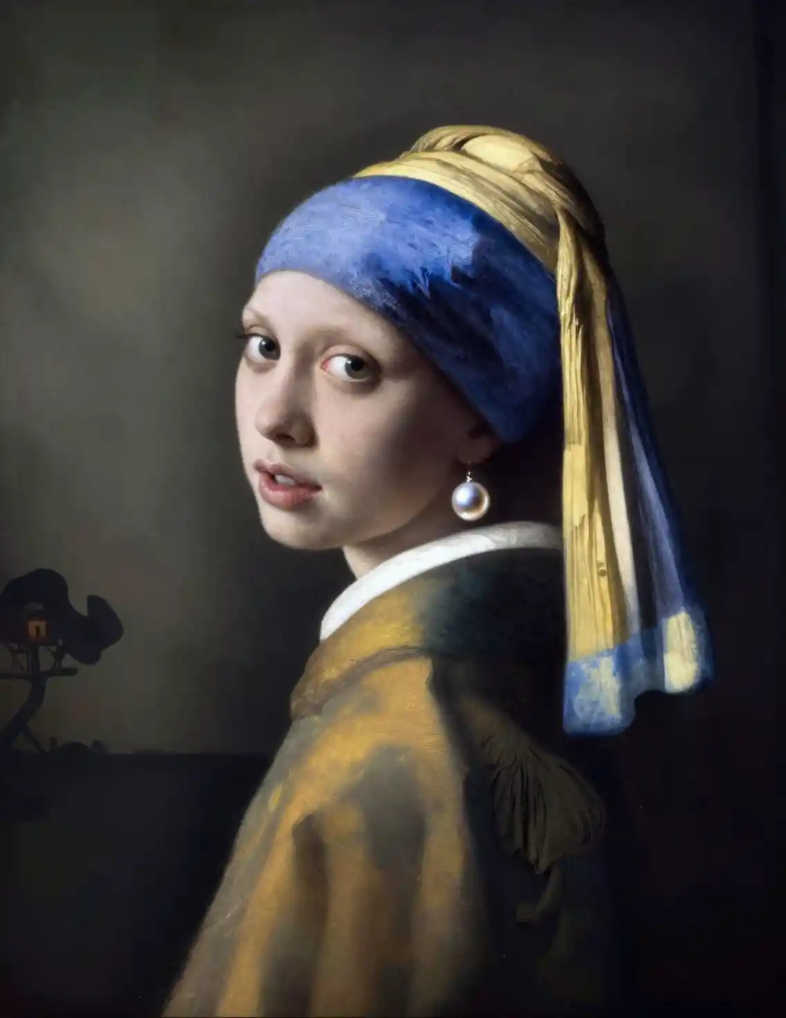 Una joven con un pendiente de perla en un paisaje onírico surrealista