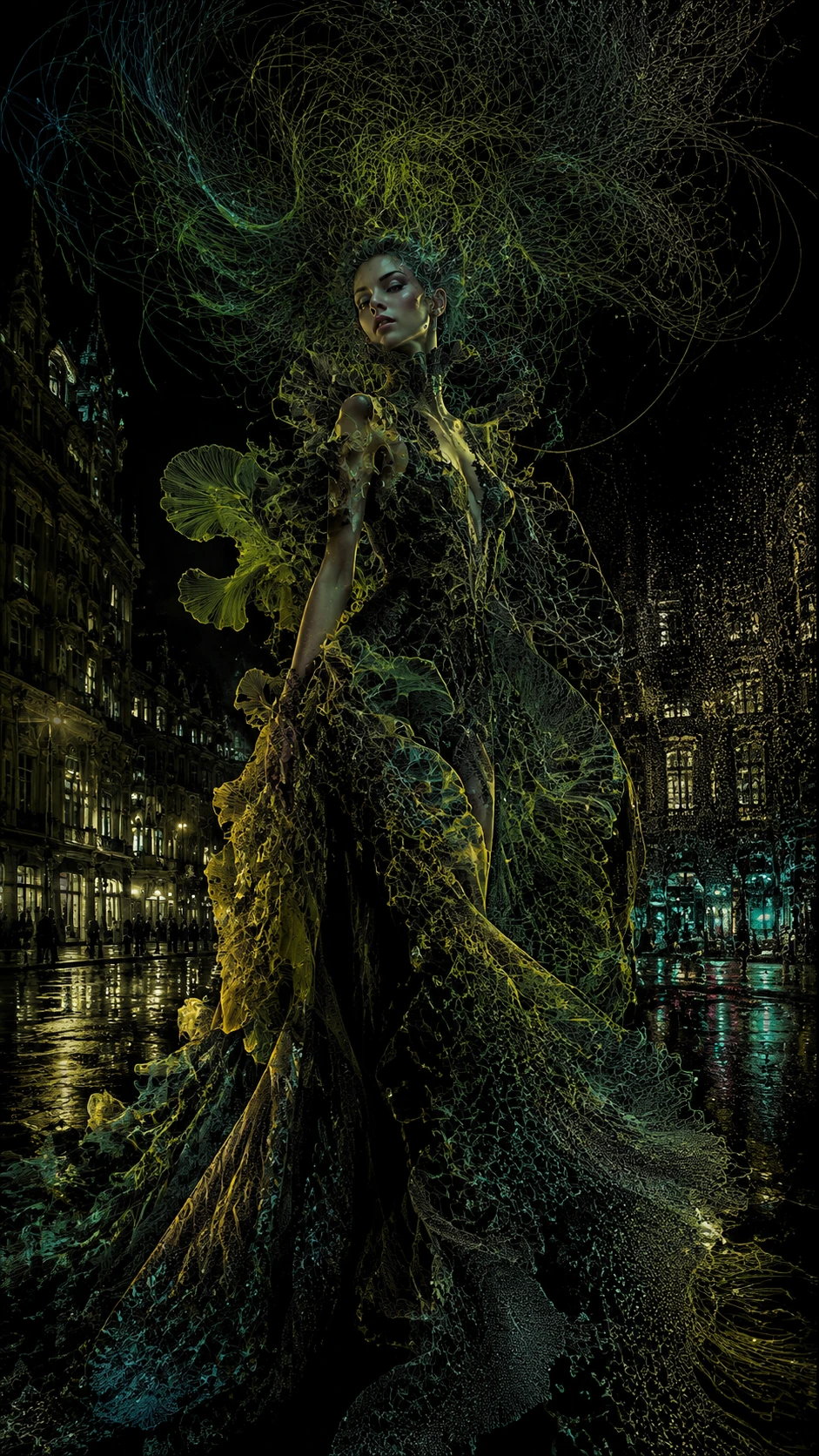 Uma mulher vestida de alta-costura sob reflexos de néon numa cidade chuvosa