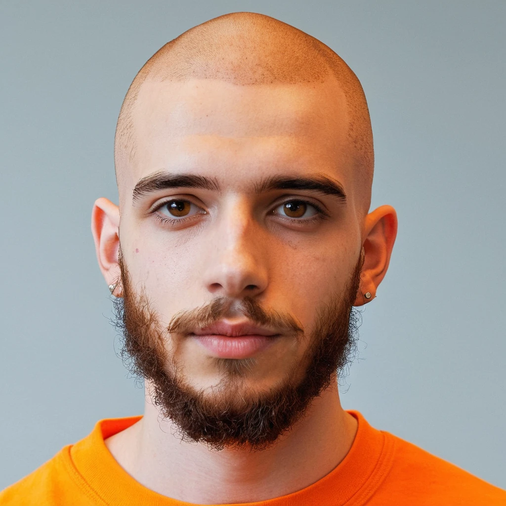 Um homem de 22 anos com a cabeça rapada cor de laranja e barba