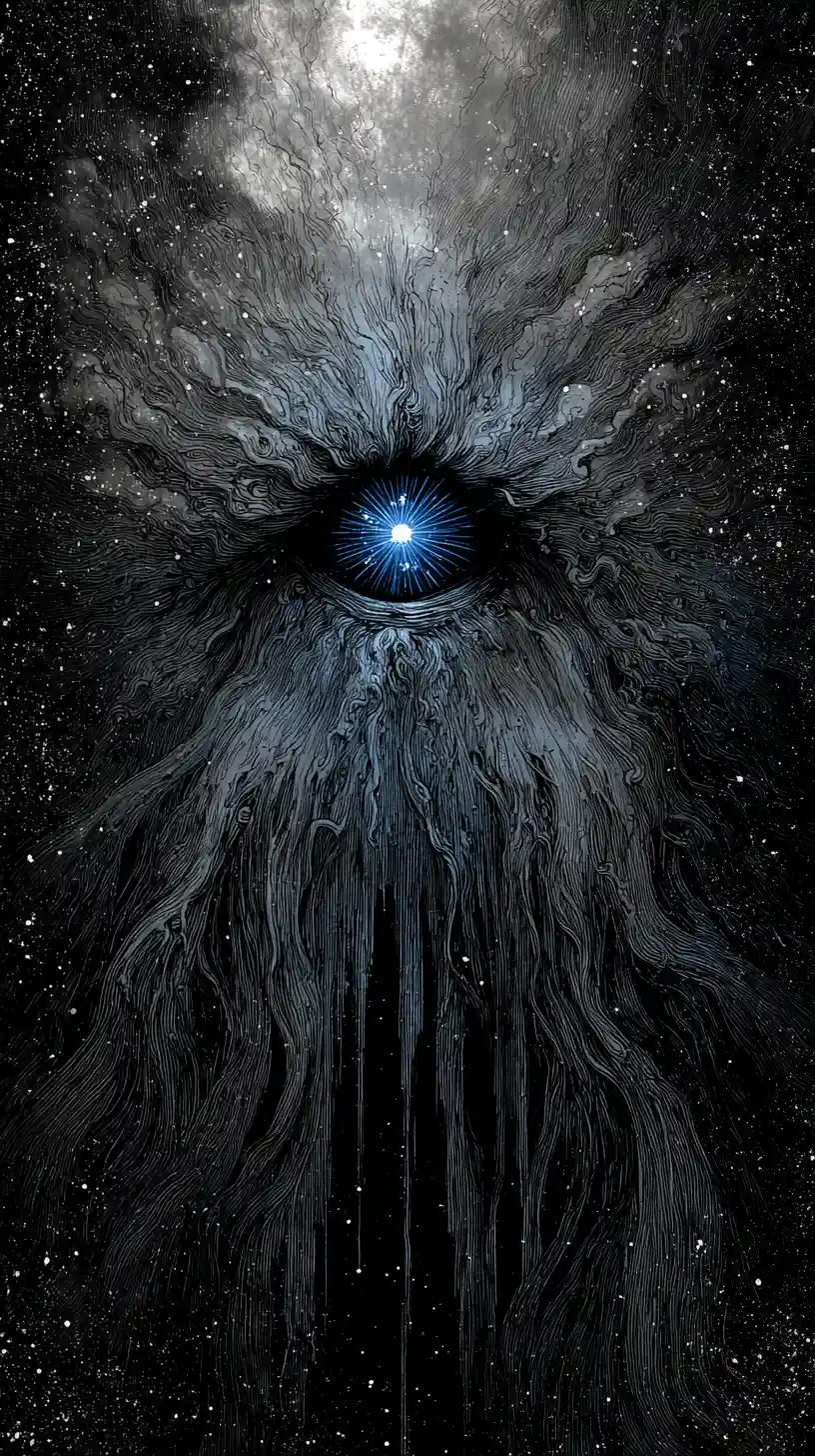 Um ser celestial esquelético com um olho azul flamejante na escuridão