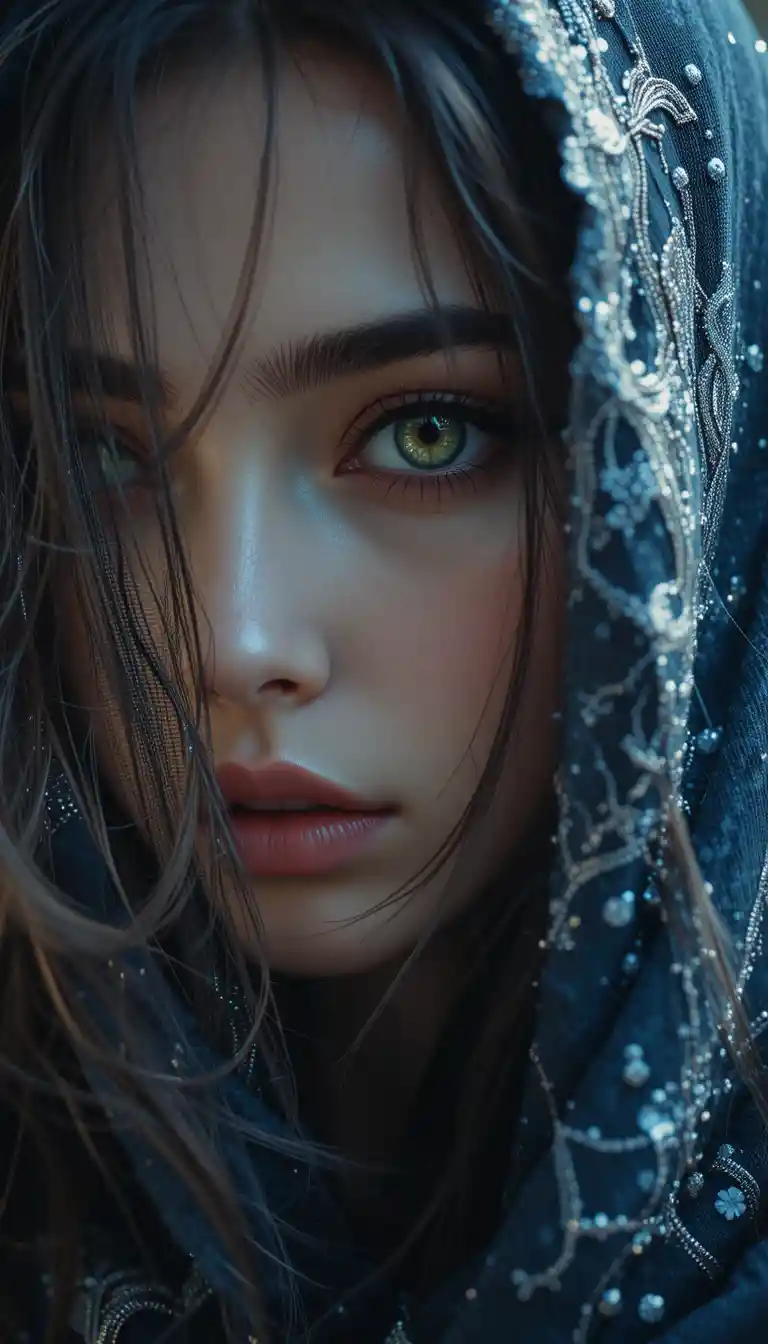 Una mujer velada revela un ojo color jade en un retrato cinematográfico en primer plano