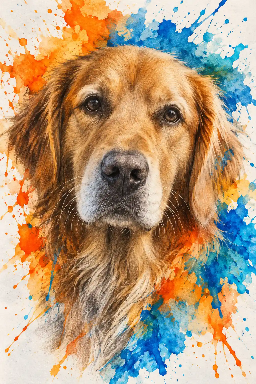 Retrato expressivo de cachorro combina detalhes em grafite com vibrantes respingos de aquarela