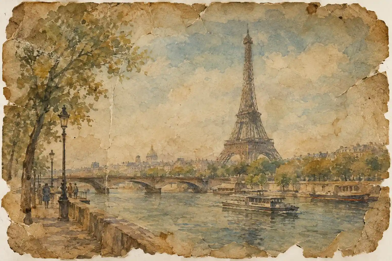 Uma aquarela desbotada retrata a paisagem urbana de Paris com bordas desgastadas
